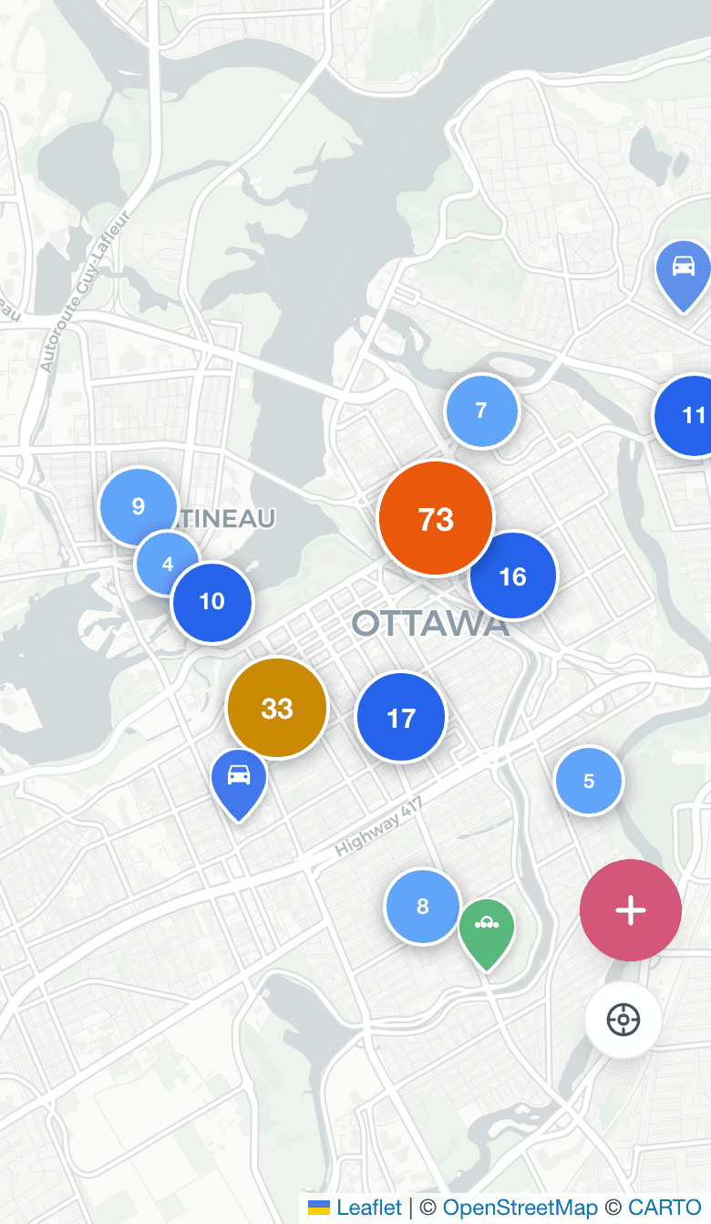 Map showing real-time safety incidents across Ottawa